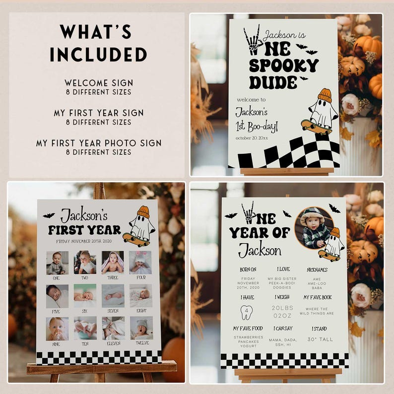 He’s a spooky dude theme featuring custom invites, thank you cards, and milestone boards for memorable first birthday setup.