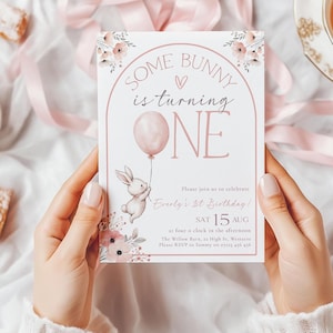 Some Bunny is One First Birthday Invite, Boho Bunny 1st Birthday Editable Invitation, Pink Bunny is One Birthday Invitation Template