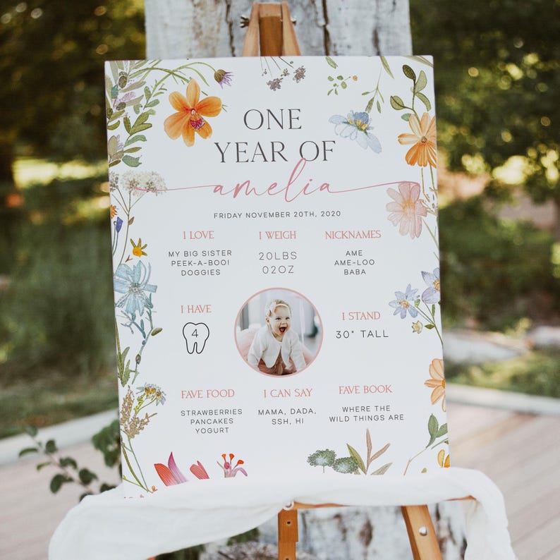 May include: A decorative sign for a first birthday, featuring floral illustrations in orange, blue, and pink. The sign includes the text "ONE YEAR OF amelia" and details about the child, such as weight, height, and favorite things.