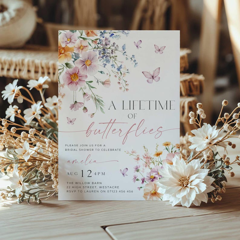 Lifetime of Butterflies Bridal Shower Invite, Editable Wildflower Butterfly Bridal Invitation, Summer Butterfly Bridal Shower Invite