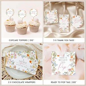 May include: A collection of baby shower decorations, including cupcake toppers, thank you tags, chocolate wrappers, and a "Ready to Pop" tag. The items feature floral designs and text such as "Hello Baby" and "A Little Wildflower is on the Way!"