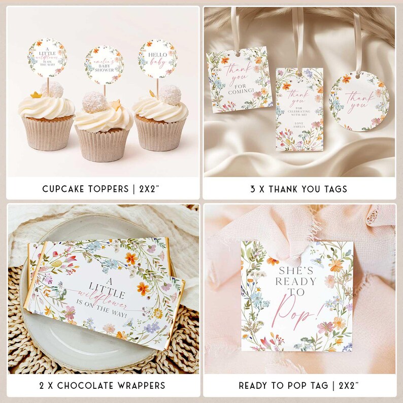 May include: A collection of baby shower decorations, including cupcake toppers, thank you tags, chocolate wrappers, and a "Ready to Pop" tag. The items feature floral designs and text such as "Hello Baby" and "A Little Wildflower is on the Way!"