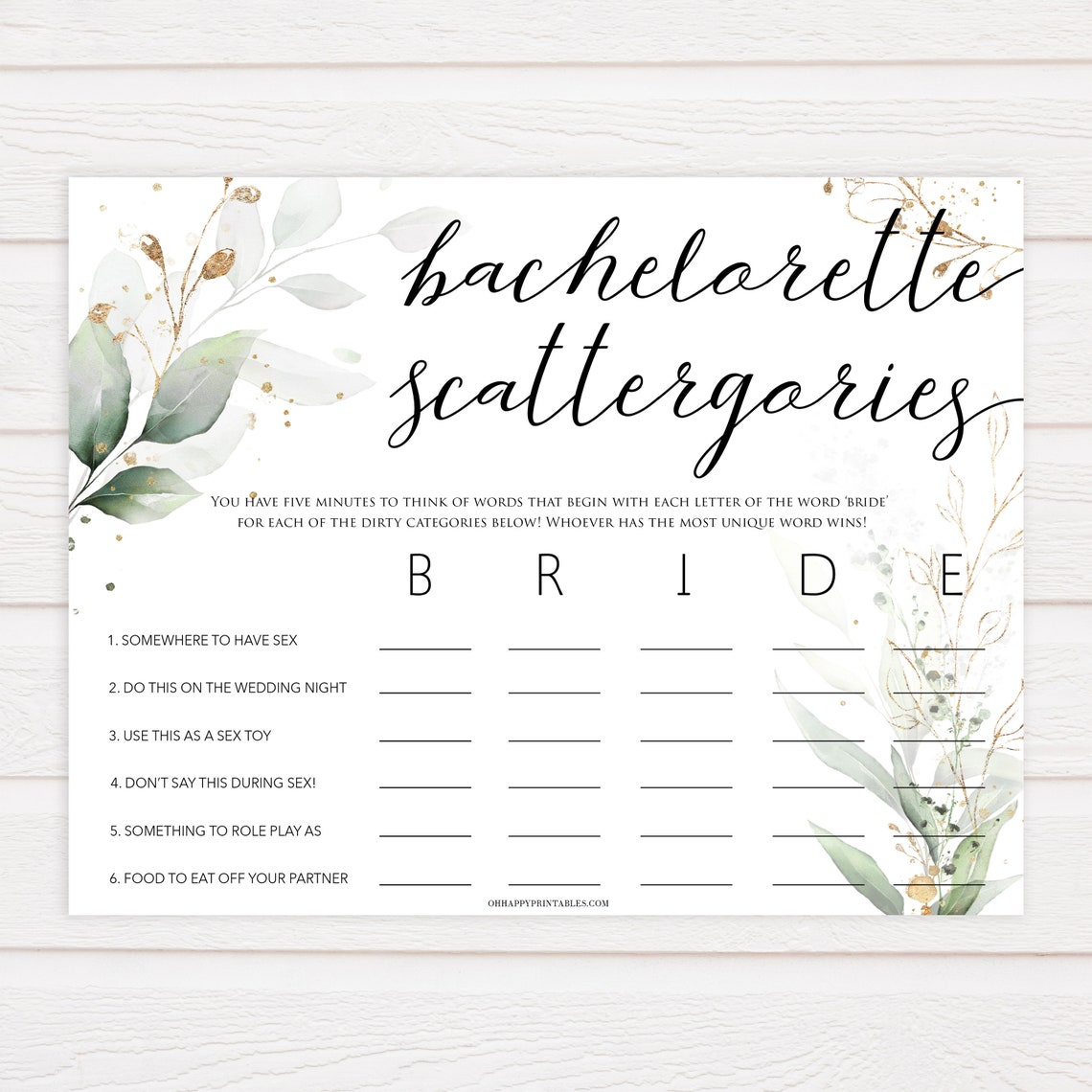 Dirty Bachelorette Scattergories Game Bachelorette Party Etsy