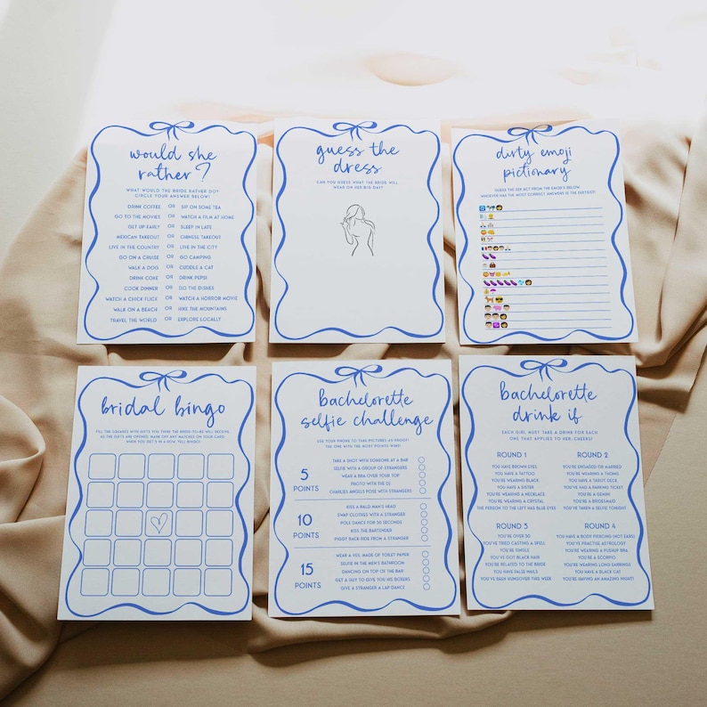May include: A set of printable hen party games with blue and white borders. The games include "Would She Rather", "Guess the Dress", "Dirty Emoji Pictionary", "Bridal Bingo", "Hen Party Selfie Challenge", and "Hen Party Drink If".