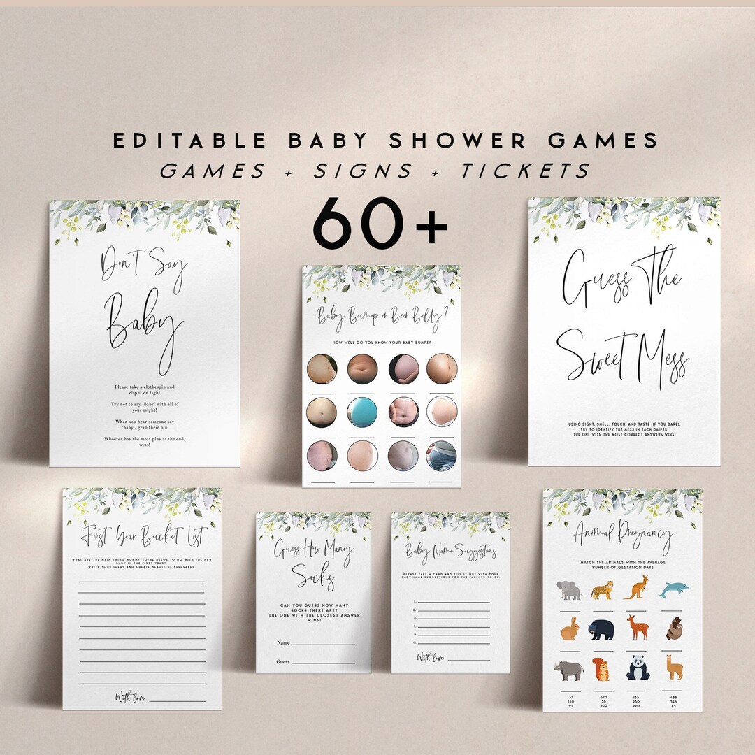 Greenery Baby Shower Games Bundle, 60 Editable Baby Shower Games ...