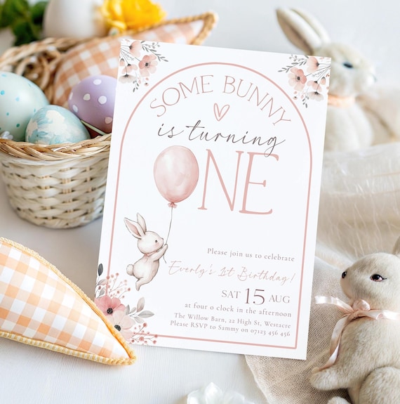 Some Bunny is One First Birthday Invite, Boho Bunny 1st Birthday Editable Invitation, Pink Bunny is One Birthday Invitation Template, SBIO