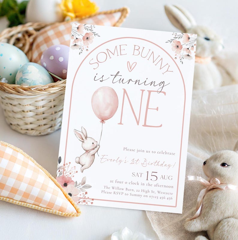 Some Bunny is One First Birthday Invite, Boho Bunny 1st Birthday Editable Invitation, Pink Bunny is One Birthday Invitation Template