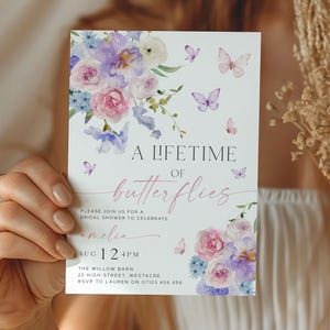 Lifetime of Butterflies Bridal Shower Invite, Editable Purple Floral Butterfly Bridal Party Invitation, Summer Bridal Shower Invitation LOB