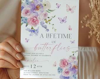 May include: A white invitation card with floral and butterfly illustrations. The text reads "A Lifetime of Butterflies" and invites guests to a bridal shower. The date and time are August 12th at 4 PM.