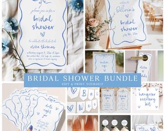 May include: A printable bridal shower bundle with blue and white designs. The bundle includes a welcome sign, a custom sign, a date night jar, thank you cards, a hangover recovery kit, and a food label. The text on the welcome sign reads "Welcome to Olivia's Bridal Shower".