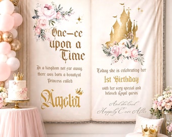 Toile de fond de fête de premier anniversaire de princesse de conte de fées, bannière de décoration de premier anniversaire, livre de contes PR1