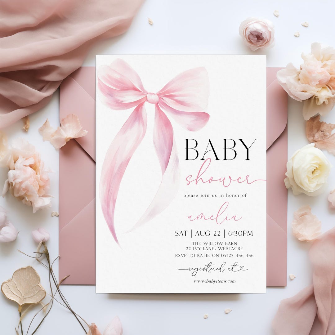 Pink Bow Baby Shower Invitation Template, Girl Baby Shower Editable ...