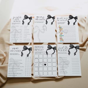 May include: A set of printable bridal shower games with black and white text and black bows. The games include "Fairy Tale Love Songs", "Guess the Dress", "Bridal Emoji Pictionary", "Over or Under", "Bridal Bingo", and "Find the Guest".