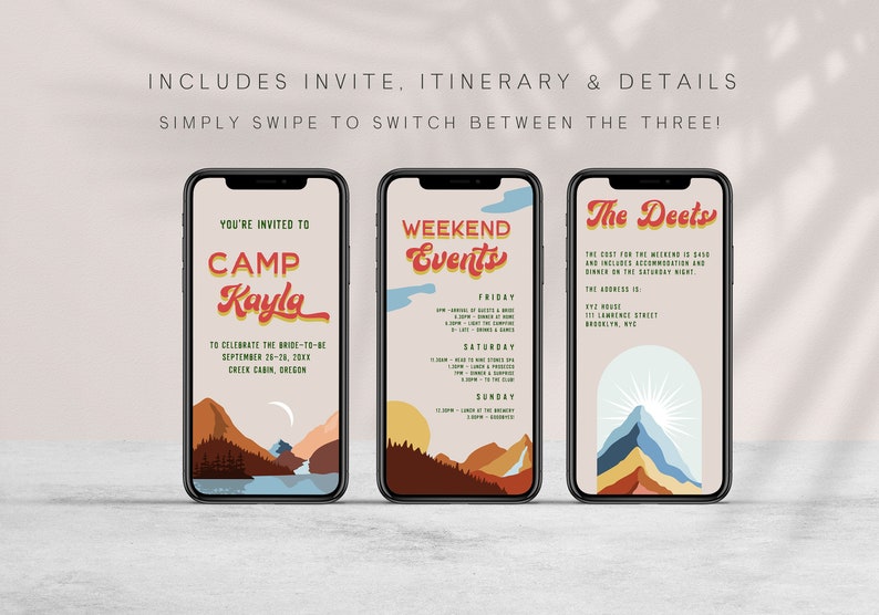 PINE Retro Camp Bachelorette Invitation, Digital Phone Invite, Camping Hen Party Invite, Weekend in the Woods, Camp Bach InviteTemplate PN1 image 2