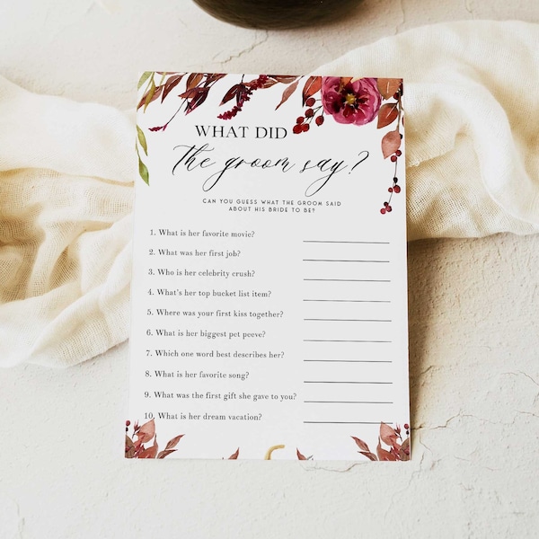AUTUMN | What Did the Groom Say Bridal Shower Game, Fall Editable Bridal Shower Game, Hen Party Games, Bridal Shower Game, Bridal Game FL1