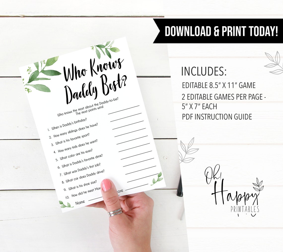 EDITABLE Who Knows Daddy Best Printable Baby Shower Games | Etsy UK
