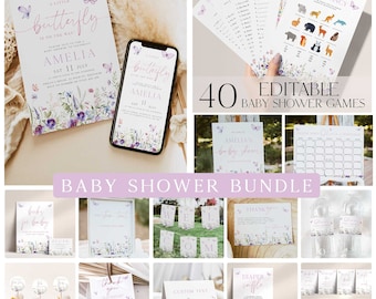 Butterfly Baby Shower Invitation Bundle, Printable Baby Shower Butterfly Editable Games, Baby Shower Decorations Pink Butterflies BF3