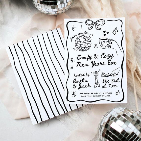 Comfy and Cozy New Years Eve Invite Template, Comfy Cosy New Year Invite, Editable Canva Template, Hand Drawn Doodle Invite, NYE Friends