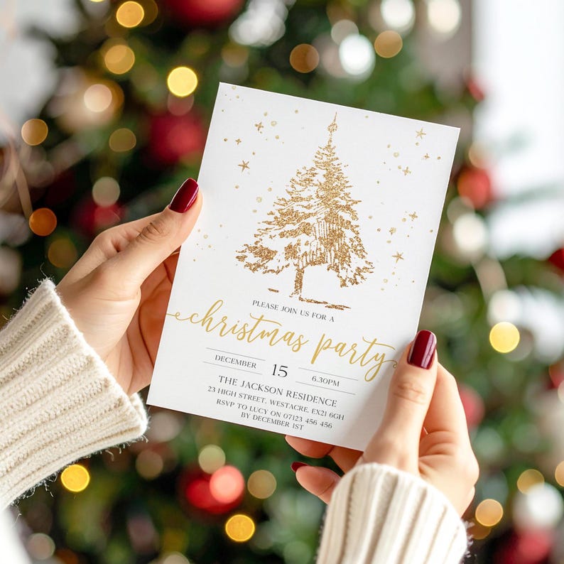 Gold Christmas Party Invitation, Editable Invitation Template, Printable Christmas Party Invite, Festive Holiday Invite, Glitter C2 image 1
