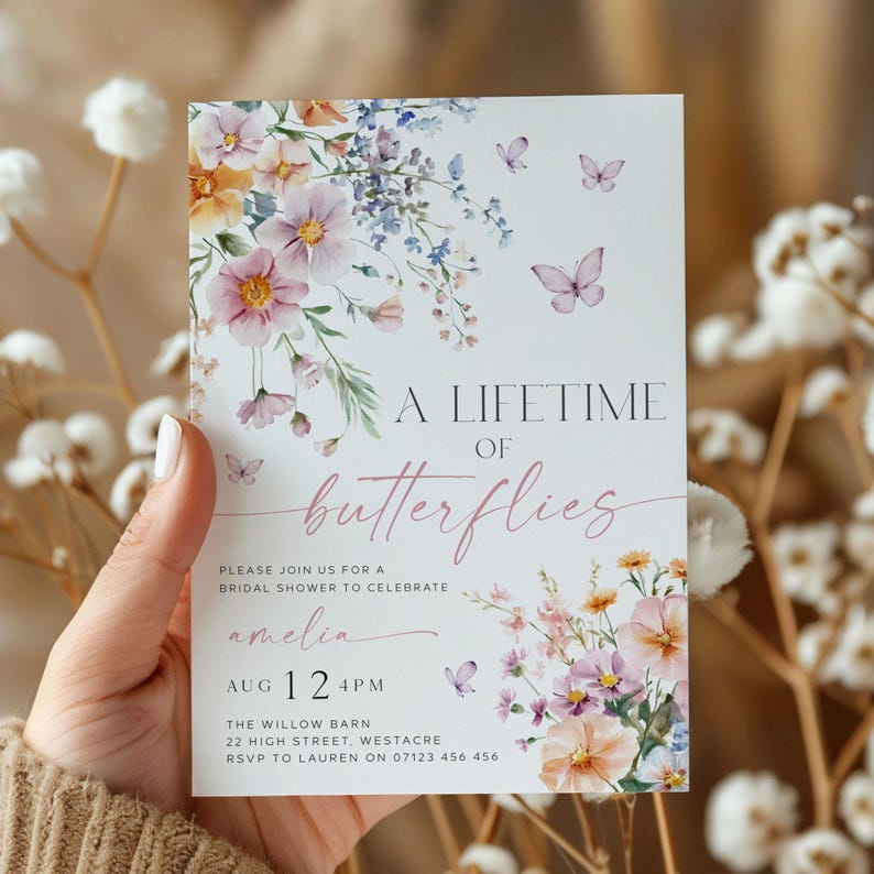 Lifetime of Butterflies Bridal Shower Invite, Editable Wildflower Butterfly Bridal Invitation, Summer Butterfly Bridal Shower Invite