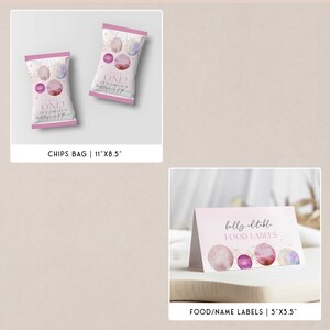 first trip around the sun birthday party bundle in a pink solar theme. The bundle is fully editable and includes items such as invitations, welcome signs, first year sign, tags, labels, bunting and more