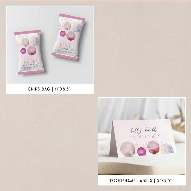 first trip around the sun birthday party bundle in a pink solar theme. The bundle is fully editable and includes items such as invitations, welcome signs, first year sign, tags, labels, bunting and more