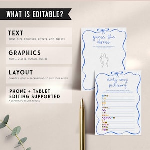 May include: Editable printable bridal shower game cards with blue and white text and graphics. The cards feature two games: "Guess the Dress" and "Dirty Emoji Pictionary".