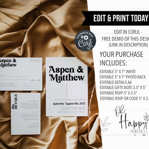 May include: Editable wedding invitation template in black and white with the names Aspen & Matthew. The template includes a 5x7 inch invite, a 5x7 inch photo back, a details card, a gifts note, an RSVP card, and an RSVP QR code. The template is designed to be edited in Corjl.