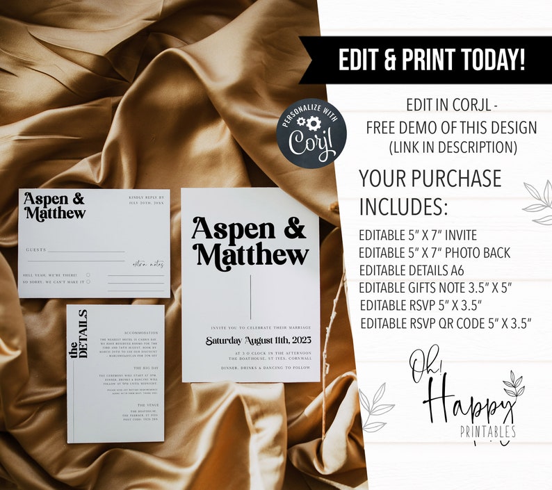 May include: Editable wedding invitation template in black and white with the names Aspen & Matthew. The template includes a 5x7 inch invite, a 5x7 inch photo back, a details card, a gifts note, an RSVP card, and an RSVP QR code. The template is designed to be edited in Corjl.