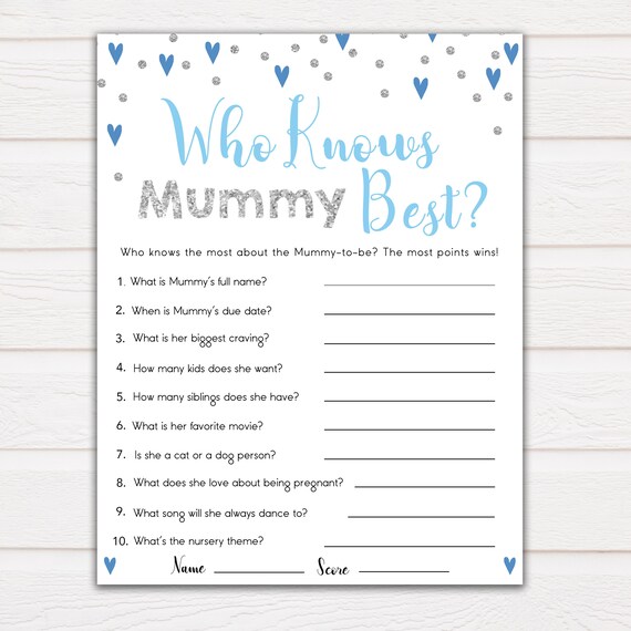 Blue Hearts Who Knows Mommy Best Quiz Baby Shower Games | Etsy