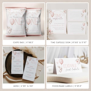 May include: A selection of party supplies with a bunny theme. Includes chip bags, a time capsule sign, menu cards, and food labels. The items feature a pink and white colour scheme with floral and balloon accents. The chip bags are 28cm x 22cm.