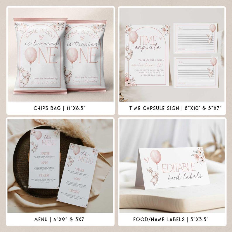 May include: A selection of party supplies with a bunny theme. Includes chip bags, a time capsule sign, menu cards, and food labels. The items feature a pink and white colour scheme with floral and balloon accents. The chip bags are 28cm x 22cm.