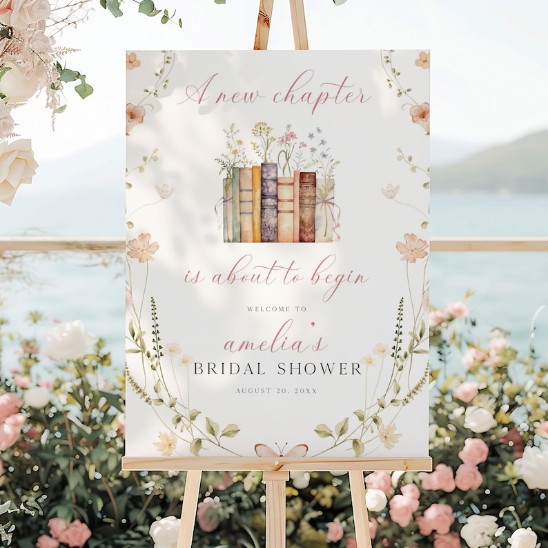 PRINTED + SHIPPED Wildflower A New Chapter Begins Bridal Shower Welcome Sign, Book Themed Bridal Shower Sign, New Chapter Begins Sign BNC