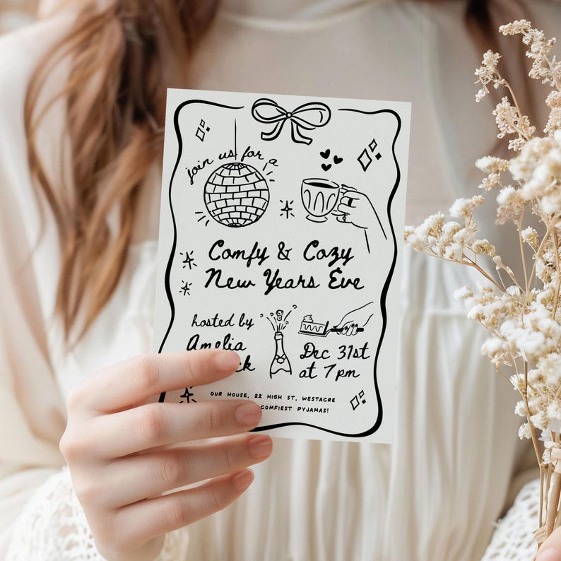May include: A monochrome invitation card with a hand-drawn design. The card features a disco ball, a cup of coffee, and the text "Comfy & Cozy New Years Eve." The invitation is hosted by Amelia and includes the date and time.