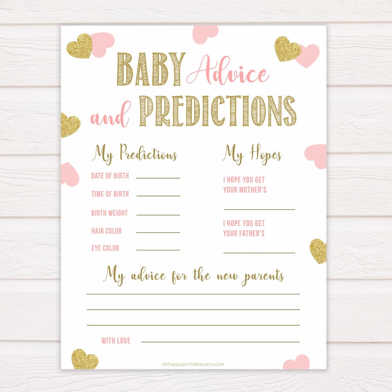 Pink & Gold Hearts Baby Advice Predictions Pink Baby Shower | Etsy