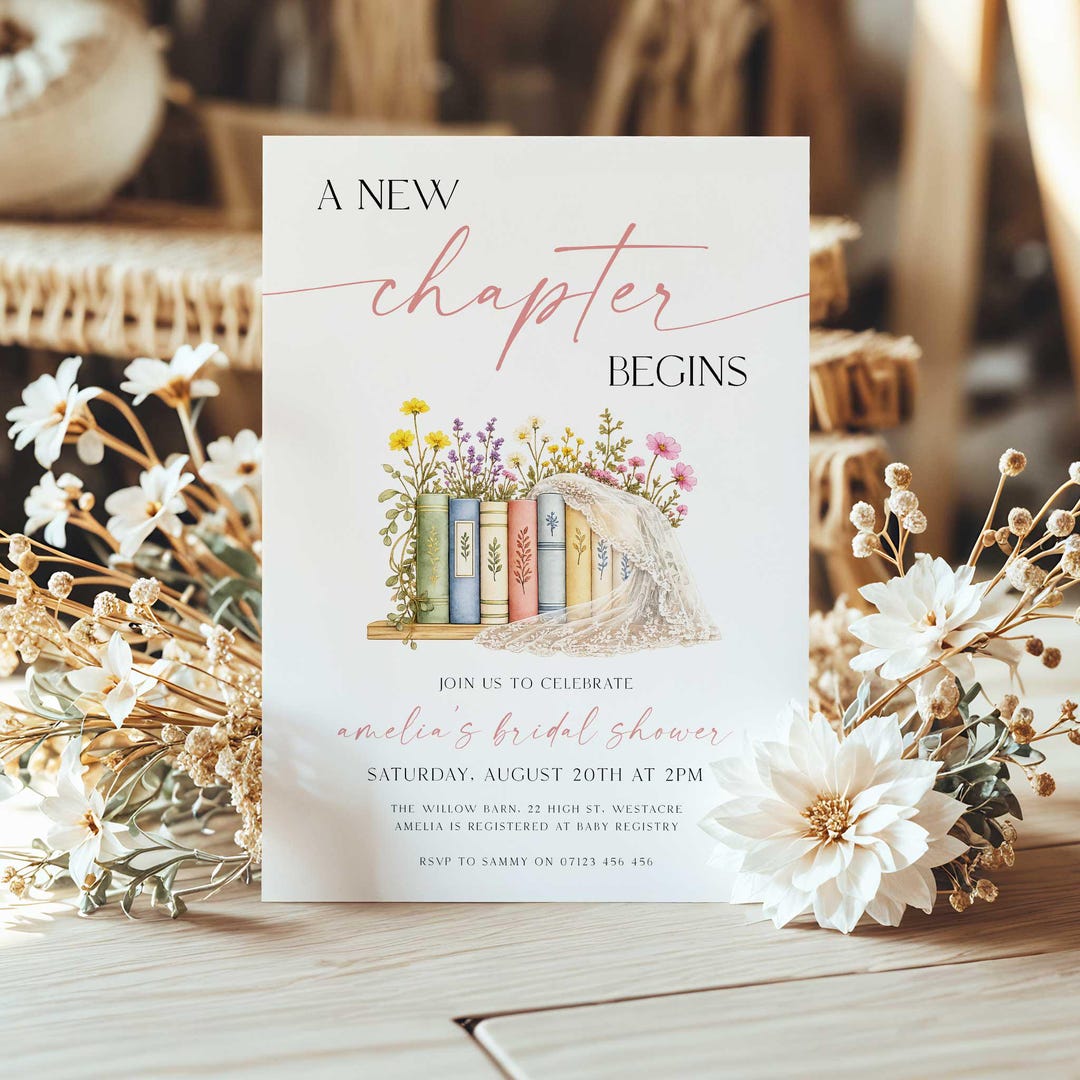 A New Chapter Bridal Shower Invite, Editable Book Themed Bridal Party ...