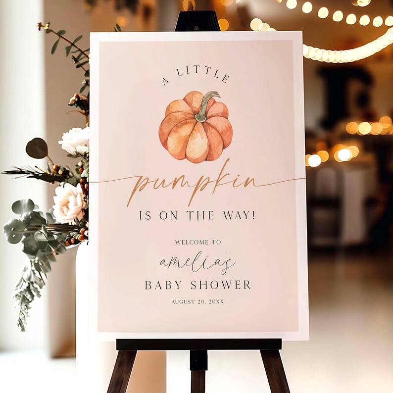 PRINTED + SHIPPED A Little Pumpkin Is On The Way Baby Shower Welcome Sign, Autumn Harvest Baby Shower, Modern Baby Shower Welcome Sign, FAB image 5