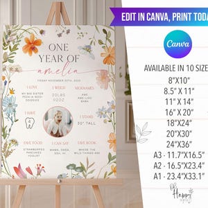 A Little Wildflower 1st Birthday Milestone Poster, My First Year Stats Little Wildflower Editable Canva First Year Baby Stats LWF image 4