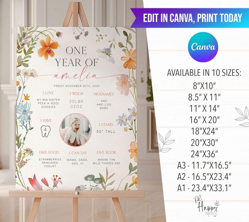 A Little Wildflower 1st Birthday Milestone Poster, My First Year Stats Little Wildflower Editable Canva First Year Baby Stats LWF image 4