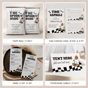 1st birthday party printable pack featuring cute ghost illustrations and race flag patterns for a modern Halloween vibe.