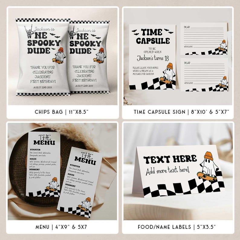 1st birthday party printable pack featuring cute ghost illustrations and race flag patterns for a modern Halloween vibe.