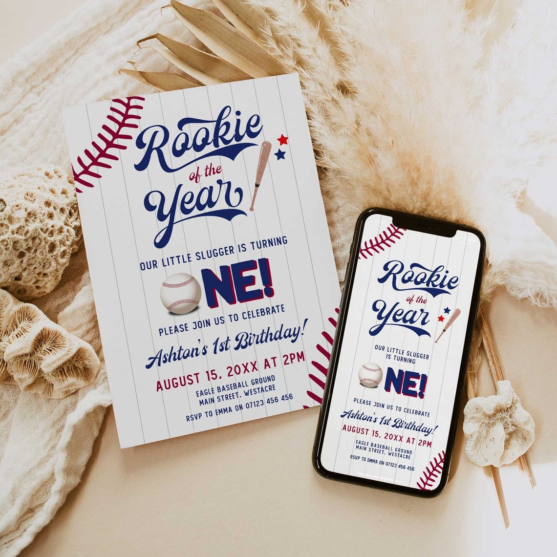 Baseball First Birthday Invitation, Rookie Of The Year Invite, Baseball Birthday Party, Birthday Invite Suite Editable Template Invite BB3 image 1