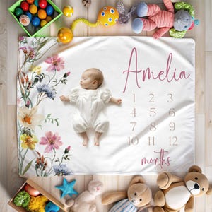 Floral Baby Milestone Blanket Custom Name Blanket Wildflower New Baby Gift Floral Month Blanket Personalized Baby Shower Keepsake Gift