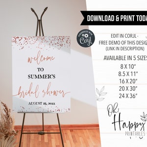 May include: Printable welcome sign for a bridal shower with a rose gold glitter background. The sign says "Welcome to Summer's Bridal Shower" and includes the date "August 28, 20XX".