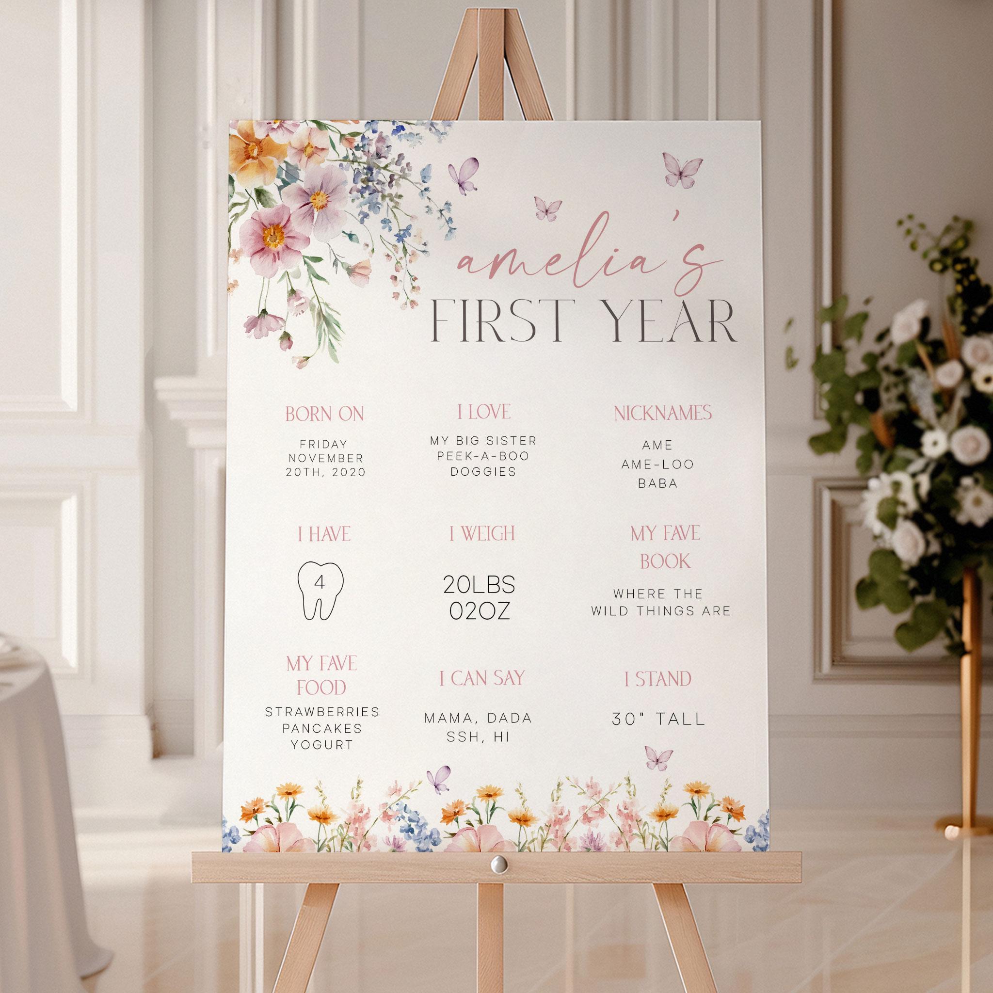 One Little Wildflower 1st Birthday Milestone Poster, My First Year Little Wildflower Milestone Board, First Birthday Stats Template LWF