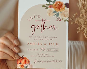Let's Gather Thanksgiving Party Invitation Template, Friendsgiving Dinner Invite, Pumpkin Thanksgiving Party Invite Friendsgiving Invite TG1