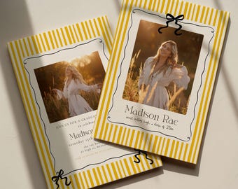 Yellow Striped Graduation Invitation Template, Photo Senior Grad Invite With Bows, Class of 2026 Summer Graduation Photo Invitation Template