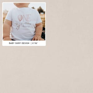 May include: White baby t-shirt featuring a pink balloon and bunny graphic. The text "ONE birthday bunny" is printed on the front. The shirt is a short-sleeved design.