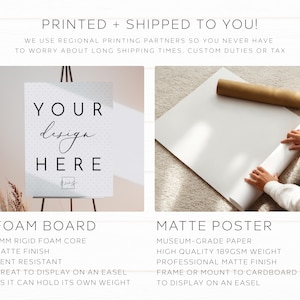 May include: An advertisement for printed products. The left side shows a sign that says "YOUR design HERE" on a foam board. The right side shows a matte poster. Text at the bottom describes the foam board and matte poster.