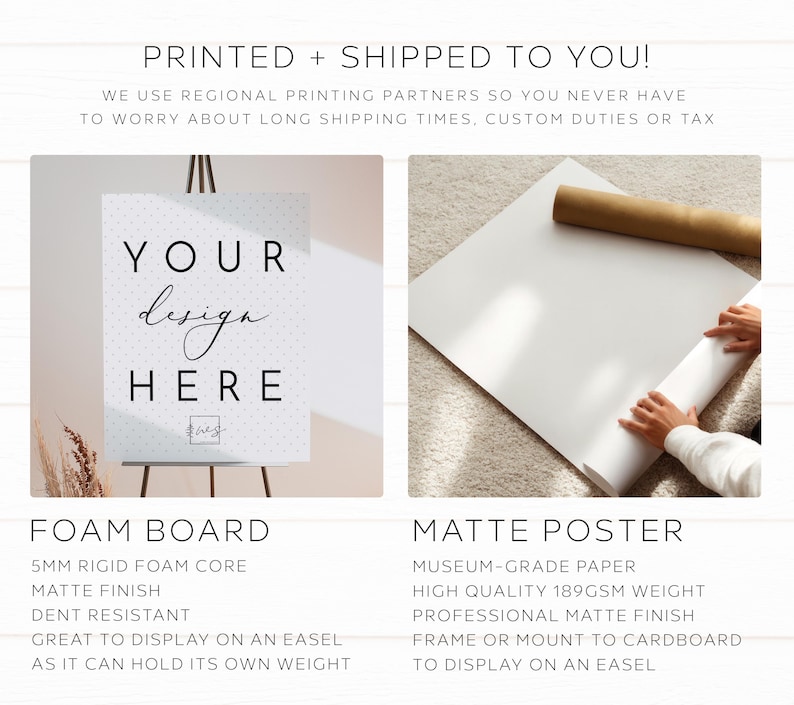 May include: An advertisement for printed products. The left side shows a sign that says "YOUR design HERE" on a foam board. The right side shows a matte poster. Text at the bottom describes the foam board and matte poster.